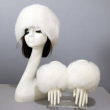 Load image into Gallery viewer, Women's Winter Warm Fox Fur Hat and Wrist Cuffs Set