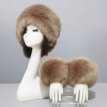 Load image into Gallery viewer, Women's Winter Warm Fox Fur Hat and Wrist Cuffs Set