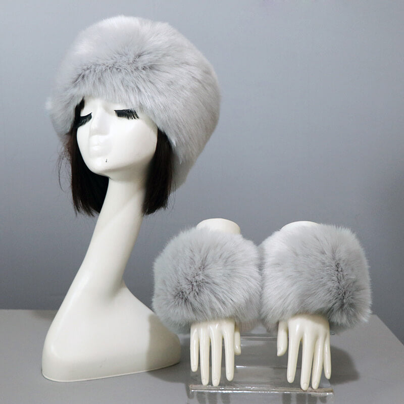 Women's Winter Warm Fox Fur Hat and Wrist Cuffs Set